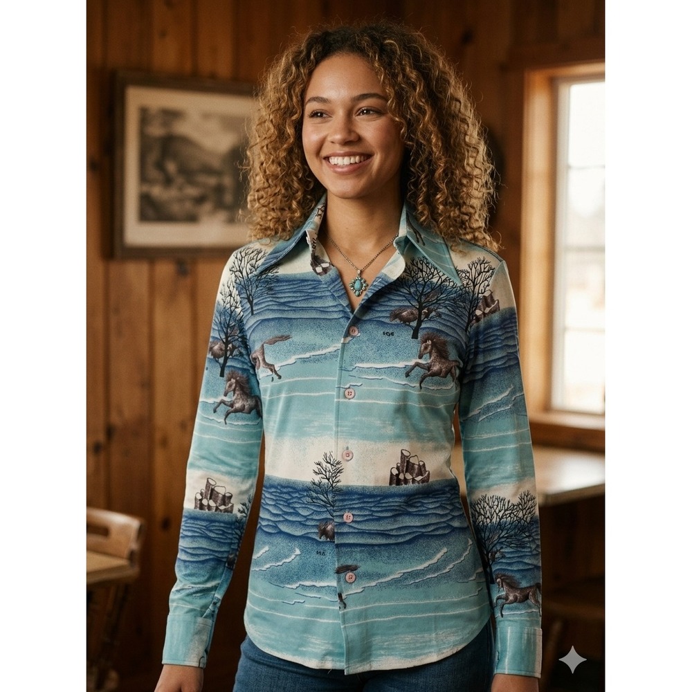 Deje Horse Scenic Print Shirt Womens S Blue Vintage 70s Disco Collar